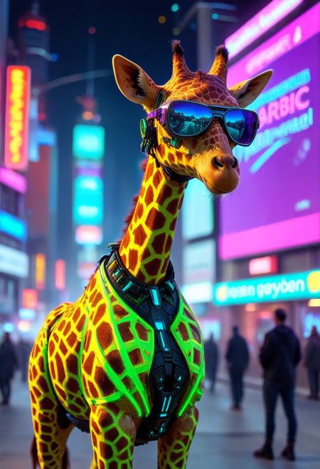 420futurism, An epic photo of a futuristic giraffe wearing stylish cyberpunk sunglasses, neon color, masterpiece, best quality, highly detailed, sharp focus, dynamic lighting, flux-style,