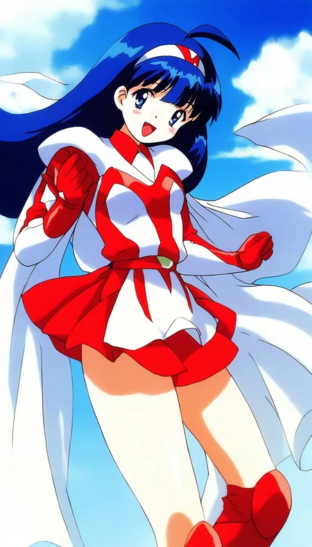 score_9, score_8_up, score_7_up, source_anime, rating_explicit, BREAK  <lora:Tsurugino_Hikari_XL:1>Tsurugino_Hikari, long hair, blue hair, 1990s (style), hairband, blue eyes, bangs, ahoge, small breasts,
Tsurugino_Hikari, 1girl, solo, 1990s (style), open mouth, cape, boots, armor, smile, knee boots, red gloves, skirt, dress, pauldrons, looking at viewer, shoulder armor,
outdoorm, day, sky,