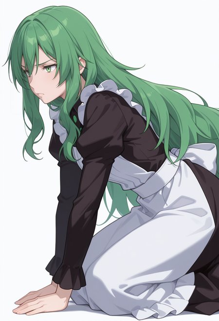 Smooth Quality,masterpiece,very intricate, high quality details, ultra realistic, high detailed skin,detailed enviorement,absurdres,
simple background, white background, 
from side,kneeling, one hand on ground, reaching forward, focused, tense,  ,furrowed brow,
 <lora:Misery_cnn:0.8> 1girl, green hair, green eyes, hair between eyes, frown, very long hair, sidelocks,dress, shirt,maid apron, puffy sleeves, long sleeves, juliet sleeves, enmaided,