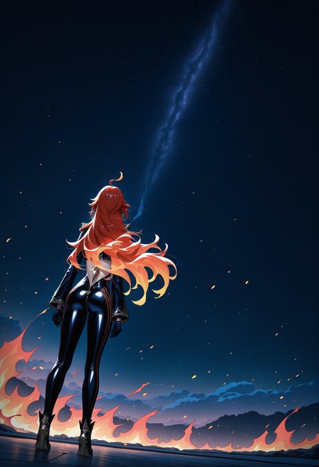 masterpiece, best quality, newest, absurdres, highres, 1girl, mavkdef, red hair, long hair, ahoge, jewelry, earrings, zipper, bodysuit, clothing cutout, black gloves, long sleeves, <lora:Mavuika_illusXLNoobAI_Incrs_v2-000009:1>, 
night, dim light, dark, wide shot, scenery, from behind, fire, spot color, full body, smoke, cloud, cherry blossoms, dutch angle, starry sky,