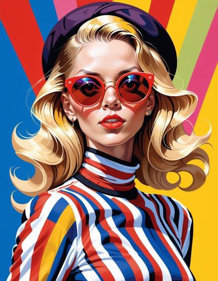 score_9, score_8_up, score_7_up, score_6_up, score_5_up, score_4_up, hud_m4x_4bstr4ct_styl, colorful, abstract, woman, long blonde hair, a hip hop 80's British model woman with 50's haircut, in a white and red zig zag stripes turtleneck dress and large sunglasses, <lora:hud_m4x_4bstr4ct_styl_XLP:1>,