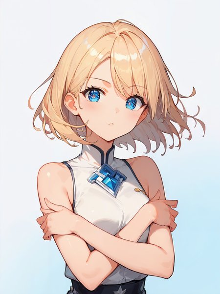 score_9, score_8_up, score_7_up,source_anime, high res image,masterpiece,best quality,(woman,middel bdeasts:1.0),cute face,clear skin,shiny hair,ultra detailed eyes,simple background,blue eyes, <lora:defence pose_pony_V1.0:0.7> defense pose,crossed arms