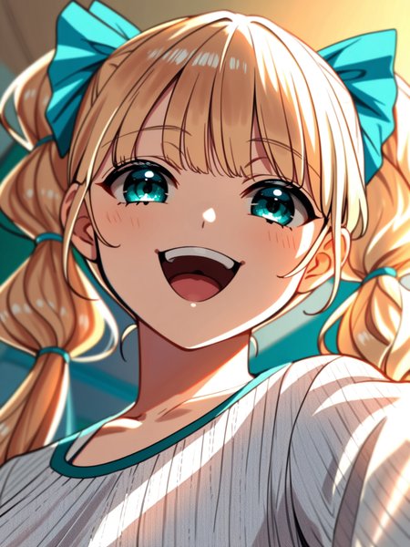 <lora:happy_tentacle-ibaramegumu-v0.1-000010:1>, ht_ibaramegumu, hair bow, , blonde hair, aqua eyes , smile, open mouth, indoors, (close-up:0.7), 1girl, (petite:1.2), solo focus, (looking at viewer:1.1), backlighting, (depth of field:0.6), (from below:0.8), score_9, score_8_up, score_7_up, score_6_up, score_5_up, score_4_up