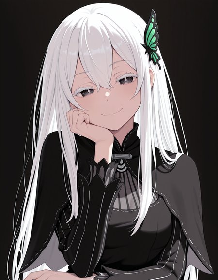 <lora:Echidna_1:1>ech1dna, colored eyelashes, hair between eyes, white hair,
echidn4dress, black dress, vertical-striped dress, capelet, long sleeves, butterfly hair ornament, 
sitting, upper body, hand on own chin, smile,
simple background, black background,, masterpiece, best quality, amazing quality