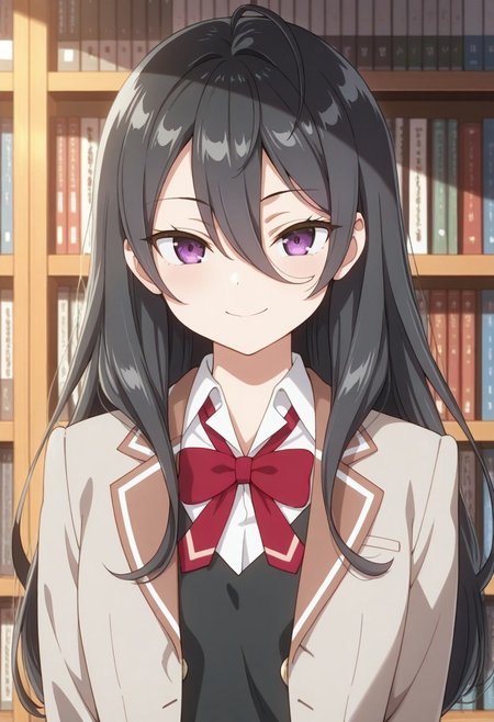 masterpiece,best quality,amazing quality, ayano kimishima, long hair, black hair, hair between eyes, purple eyes, 1girl, solo, school uniform, bow, jacket, shirt, looking at viewer, red bow, blazer, smile, upper body, bowtie, library