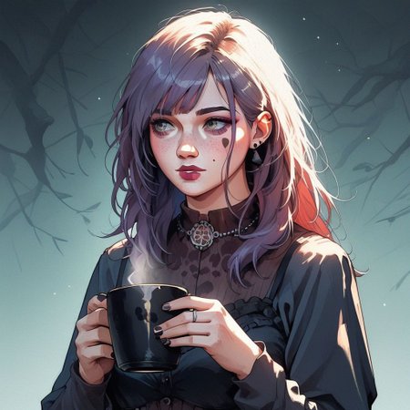 score_9, knva, 1girl, Sable Ward, holding a black cup of tea,