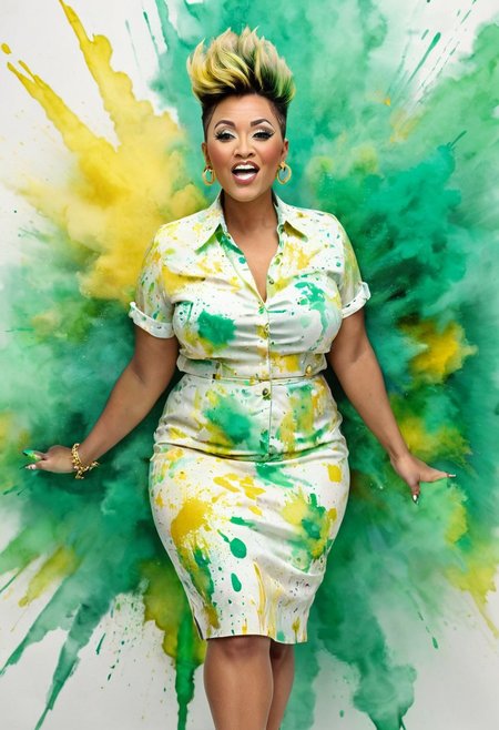 Full body portrait photo of Thelma Bentley, wearing a summery outfit, age 35, curvy, Faux Hawk hair, ((emerald green and gold watercolour splashes on a white background)), large bursts of paint on background long exposure, film grain, lively expression, (soulful eyes), (expressive eyes) (natural light, light particles), Colorsplash