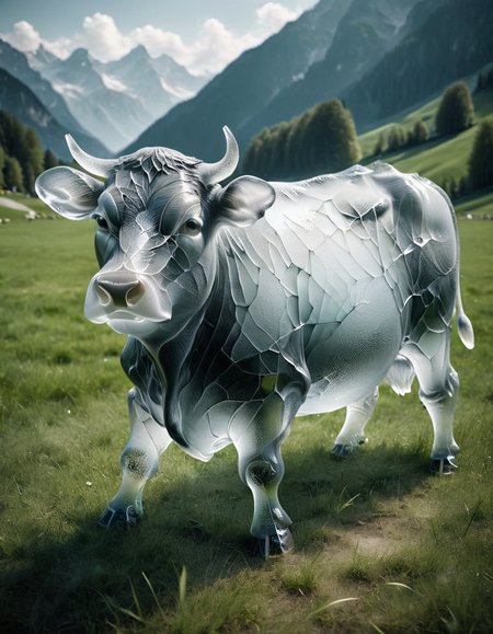 a cow on a grass meadow in the german alps, made of ral-milkyglass <lora:ral-milkyglass-sdxl:1> ral-milkyglass landscape