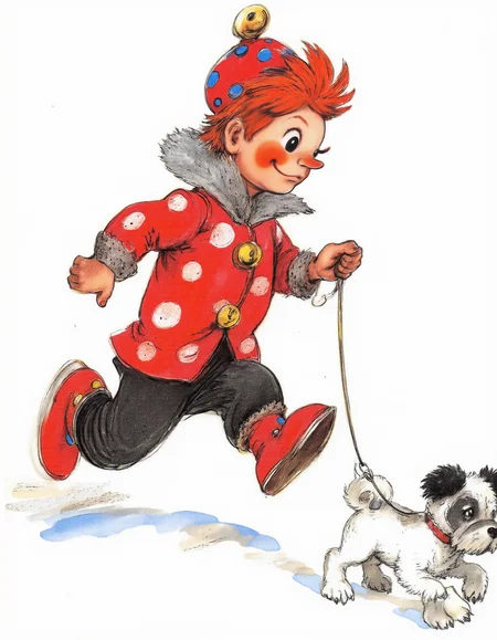 <lora:lv:1>, This is a colorful, whimsical drawing in a cartoon style, depicting a cheerful, young boy and his dog. The boy, who appears to be around six years old, is running to the right, holding a leash in his right hand. He has bright red hair that is tousled and sticking up, and he wears a red hat with a blue polka dot pattern and a yellow bell on top. His eyes are large and expressive, and his rosy cheeks add to his animated appearance. He is dressed in a red coat with large, white polka dots, black pants with white stripes, and red boots. The dog he is walking is small and white with black patches on its face and ears, and it has a playful expression. The dog is walking to the right on a leash, and its paws are leaving small, white paw prints in the snow. The background is plain white, making the vibrant colors of the boy and dog stand out prominently. The drawing has a playful, lively atmosphere, with soft, textured brushstrokes that give it a hand-drawn, sketch-like quality. The overall style is reminiscent of classic children's book illustrations, evoking a sense of joy and adventure.