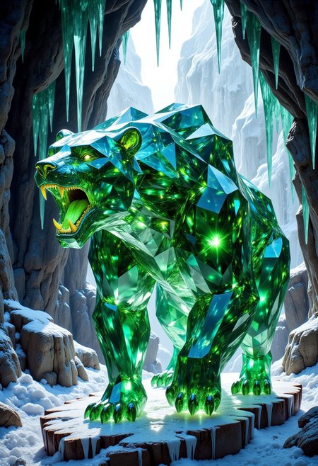 a crystalline bear made of cut green emeralds and blue diamond gemstones with subsurface scattering and light transmission, with a small head, in a beastly stance, roaring with large crystal fangs, monstrous and colossal, jagged gemstone fur, inside an icy cave with greenish icicles hanging down
