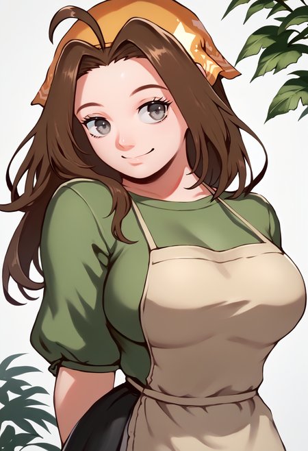 score_9, score_7_up, BREAK, solo, 1girl, smile, looking at viewer,  <lora:ibuo_pd_glora:1>, <lora:Celia-pdxl_Fp:0.8>, celiahm, brown hair, grey eyes, ahoge, long hair, bandana, green shirt, apron, skirt, large breasts, arm behind back,