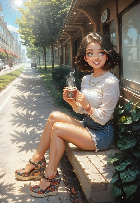 score_9, score_8_up, score_7_up, full body, from distance, sitting at bus station, cute french woman, tall, elegant, blonde, white shirt, denim short shorts, black wedge heel, 1dk, floral print, wedges, drinking coffee, smiling, busy city street, sunlight, sunrays, volumetric light, sunny afternoon