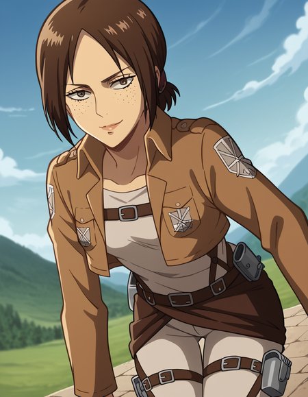 score_9, score_8_up, score_7_up, source_anime, <lora:kyojin-ymir-s1-ponyxl-lora-nochekaiser:1>, ymir, short hair, brown hair, brown eyes, ponytail, freckles, mature female, small breasts,, <lora:paradis-military-uniform-ponyxl-lora-nochekaiser:1>, paradis military uniform, belt, cloack, cropped jacket, emblem, green cloak, jacket, long sleeves, pants, shirt, thigh strap, uniform, white pants, white shirt, brown jacket,, landscape, bent over, smile, looking at viewer, solo,, cowboy shot, dutch angle