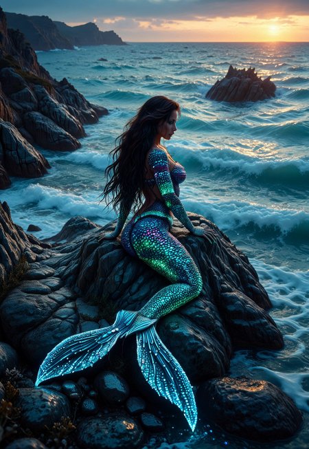 A cinematic photo of a siren mermaid creature woman made of LED lights is leaning on a rock in the ocean water, masterpiece, best quality, very aesthetic, 4k, highly detailed, sharp focus, dynamic lighting, flux-style, q2wz2, 