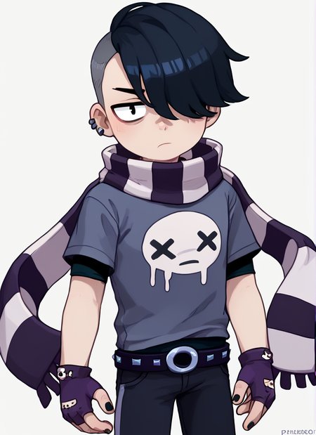 score_9, score_8_up, score_7_up,   <lora:bsedgar:1>bsedgar    , 1boy , short hair , black hair, hair over one eye, ear piercing, solo,striped scarf  grey shirt,  short sleeves, belt , black pants ,black gloves,   fingerless gloves, black nails, <lora:PossumMachine:1>posmach  , confused,  looking at viewer,  , ??? , simple background,  ??,