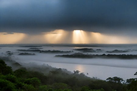 Stable_Yogis_PDXL_Positives,<lora:age_slider_v4:-2>,A tranquil view of the Amazon River at dawn in Brazil, with mist rising from the water and the soft light illuminating the lush banks, The atmosphere is peaceful and reflective, perfect for capturing the beauty of this vital waterway,(A dramatic stormy night with flashes of lightning illuminating the dark clouds, creating a sense of chaos and excitement. The atmosphere is charged with energy and anticipation),âââ