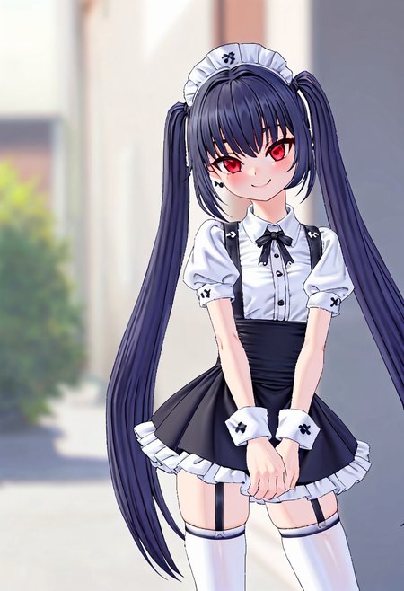 blurred background,
smile,
looking at viewer,
solo,
koohPangya, black hair, red eyes, kooh, twintails, flat chest,
maidSet, thighhighs, headdress, ribbon, white legwear, frills, black skirt, puffy short sleeves, cuffs,
standing,
masterpiece,best quality,good quality,newest,