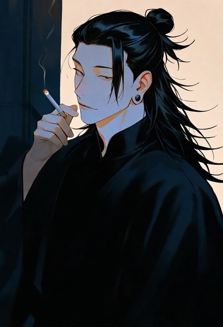 1boy, black hair, beautiful, {detailed eyes}, {long hair|man bun} \(hairstyle\), black top, muted colors, {{detailed face}}, semi-realistic, {{aesthetic}}, {{{best quality}}}, stunning, soft features, looking at viewer, wide angle, night time, dark, holding a cigarette, {contemplative|fierce} \(expression\), upper body, leaning against the wall, at the temple, getou suguru, male focus, ear piercing, <lora:DetailedEyes_V3:1>