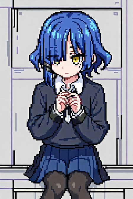 1girl, yamada ryo, yellow eyes, short hair, hair over one eye, blue hair, mole under eye, eyes visible through hair, hairclip, shimokitazawa high school uniform, collared shirt, white shirt, long sleeves, black ribbon, blue skirt, pleated skirt, black pantyhose, fingernails  <lora:Pixel_Art_XL:0.8>