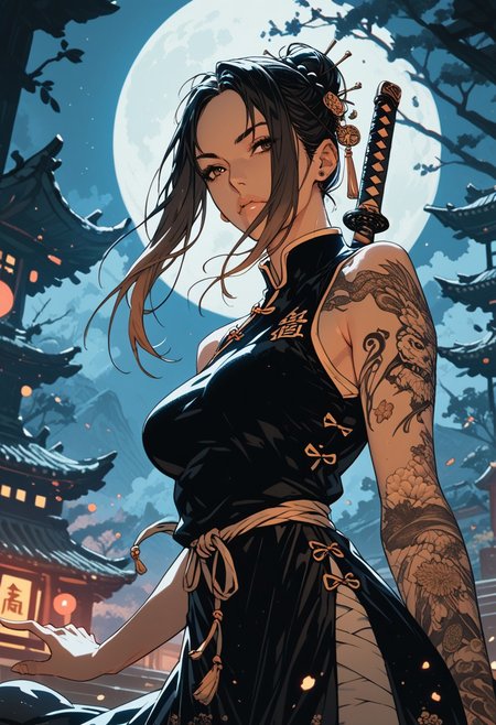 score_9, score_8_up, score_7_up, score_6_up, 1woman, mature woman, (score_9, score_8_up:1.1), score_7_up,
Very long black hair, brown gradient hair, high hair bun, brown eyes, pale skin, medium breasts,  full right arm tattoo, sleeveless_kimono, Chinese attire, detailed background, chinese temple, tough face, night, dynamic pose,  shadows, posing, Standing, holding a sword, dark light, night,