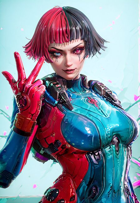 score_9, score_8_up, score_7_up, detailed face,
1girl, patho_fragpunk, two-tone hair, red hair, black hair, heterochromia, blue eye, red eye, zero suit, pink and blue zero suit, eye makeup, mascara, bangs,
looking at viewer, peace sign, posing off,