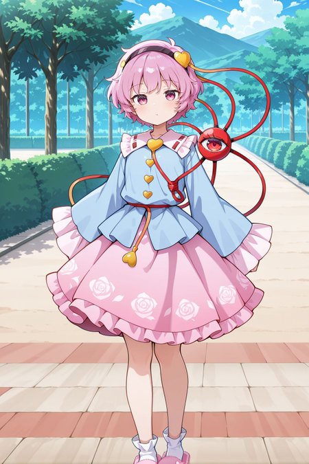 absurdres, highres, masterpiece, best quality, amazing quality, official anime artwork, screencap, anime screencap, looking at viewer, outdoors, 
 <lora:Komeiji-Satori_IllustriousV2:1> komeiji satori, 1girl, solo, pink eyes, pink hair, short hair, third eye,, black hairband, heart hair ornament, blue shirt, long sleeves, frilled sleeves, wide sleeves, heart button, yellow buttons, pink skirt, frilled skirt, white socks, pink slippers,