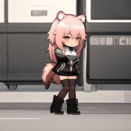 <lora:ArknightsSpritesV2:1>, akchibi, chibi,  <lora:Gravel:1>, main outfit, animal ears, pink hair, long hair, black jacket, breastplate, thighhighs, torn thighhighs, black boots