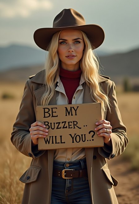 Young mom with long blonde hair and blue eyes wearing old western clothes and a long brown trench coat holding a sign that says "BE MY BUZZER WILL YOU...??"  
 <lora:CaityLotz:1>