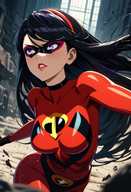 1girl, violetparr (/The Incredibles)/,(ultra HD quality details), black hair, long hair, hairband, purple eyes,
red bodysuit, mask, solo,  black choker, eyeliner,  gorgeous lips, cinematic, (masterpiece), (best quality), (ultra-detailed), very aesthetic, illustration, perfect composition, intricate details, absurdres, detailed face, hipattack, jumping, motion blur, depth of field, (anime, masterpiece, intricate:1.3), (best quality, hires textures, high detail:1.2), (4k),(incredibly detailed:1.4) 
high contrast, dark room, shiny neon, bright colors, dark shadows, detailed skin, eyeshadow, nsfw,