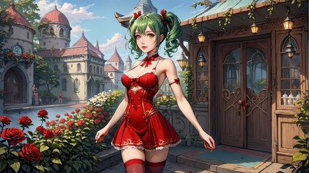 score_9, score_8_up, score_7_up, score_6_up,  <lora:Akubaraltstyle:0.8>, Akubaraltstyle, 1girl, <lora:Hikage_XL:0.8>, hikage_xl, green hair, short hair, twintails, thighhighs, Participate in a holiday parade in festive clothing., Glum: A sullen face that radiates unhappiness., Tranquil garden with a gazebo and blooming roses,, big breasts,  slim body, (an extremely delicate and beautiful), kawaii, cute, small face, large breasts,, (HQ, masterpiece, best quality, ultra-detailed),  cinematic lighting, Intricate, High Detail, Sharp focus, dramatic, masterpiece, best quality, ultra-detailed, detailed, detailed body, detailed face, good anatomy, perfect hands, perfect fingers, perfect face, perfect human body,,