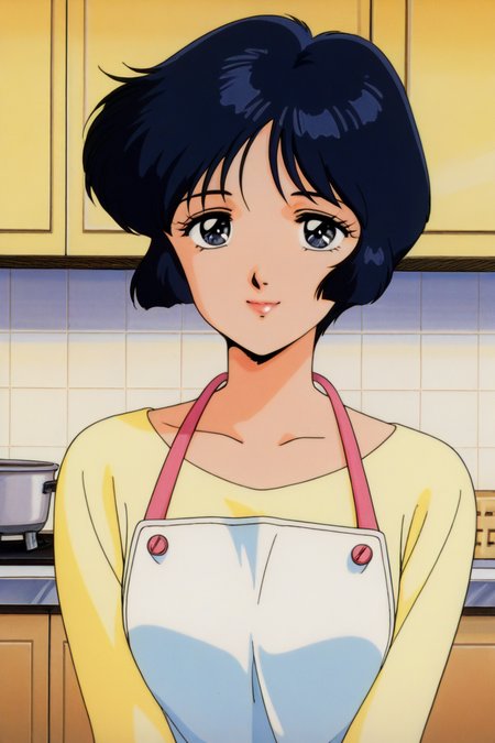 masterpiece, best quality, source_anime,official art,perfect_anatomy,1990s_\(style\),retro_artstyle,1female,mm,Momoko Hanazono,black_eyes,black_hair,short_hair,yellow_shirt,white_apron,looking at viewer,smile,lips,upper body,indoors,kitchen
