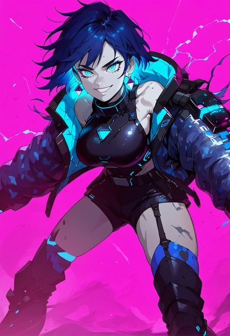 score_9, score_8_up, score_7_up, (((daytime, pink lighting)), (scifi, parking lot), young woman, pale skin, blues eyes, glowing eyes, detailed face, (happy expression), Expressiveh, (blue star earrings), large breasts, (multi colored hair, streaked hair, dark blue hair, dark purple hair), (blue colored inner hair), short hair, messy hair, (purple and blue camouflage armored jacket, black boots), (standing, bent forward, beckoning) (city), (depth of field, front view)