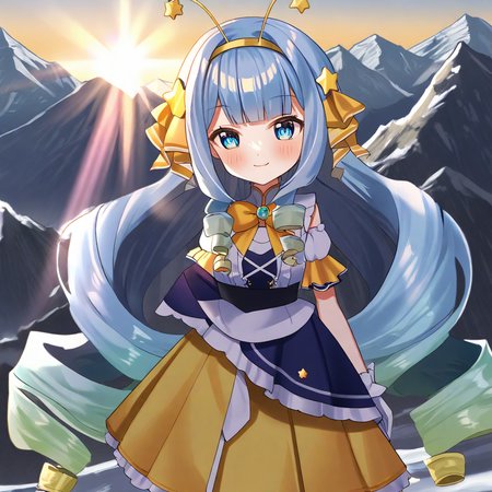 jelly hoshiumi, 1girl, 2D anime, solo, blush, smile, blue eyes, very long hair, blue hair, small breasts, drill hair, blunt bangs, green hair, star (symbol), gradient hair, antennae, star antennae, yellow bow, star hair ornament, yellow hairband, hair ornament BREAK
(wearing a parka), hiking, climbing mount Everest, mountain, snow, sunny day  <lora:Jelly_Hoshiumi_XL:1>