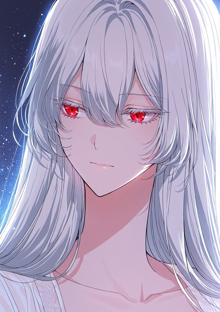 <lora:Raviel_Ivansia__SSS_Class_Suicide_Hunter__Illustrious:1>
1 girl, solo, long white hair, straight hair, red eyes, 
white nightgown, loose long nightdress, frilled cuffs, lace neckline, barefoot, delicate sleepwea,
masterpiece, best quality, intricate details, gothic fantasy, upper body portrait, dramatic pose, confident gaze, cinematic lighting, clean background, glowing magical particles, detailed face, vibrant colors