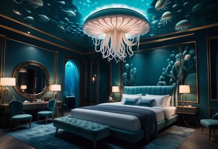 cinematic photo , ((best quality)),((masterpiece)),((realistic)),  fancy hotel bedroom, , hyper realistic, super detailed, 8k, film grain,modern design furniture inspired by jellyfish,bed inspired by octopus , style under sea,UnSea