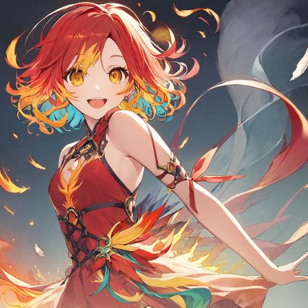 score_9,score_8_up,score_7_up,score_9,score_8_up,score_8,ultra detailed, beautiful face, highres,
BREAK, 1girl, solo, kamiya yuu, no game no life, official art, 
gradient hair, multicolored hair, multicolored eyes,
(red hair:1.3), curly hair, yellow hair ends, yellow highlights, phoenix girl, red eyes, yellow eyes, gradient eyes, red dress, bare shoulders, straps, slight cleavage,
happy, looking at viewer, giddy, smile, open mouth,
jyojifuku, dress, phoenix dress, fire element, composed of fire elements, feathers, burning feathers in air,