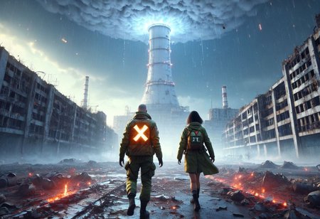 OPPENHEIMER, Scum game background, Chernobyl disaster, The nuclear power plant was destroyed after the explosion , Intercontinental ballistic missile Nuclear weapon, Russian alphabet, Apocalypse,girl,  fire,  glowing x, minimalist short outfit, anti social , escapade running, falling snow, cyberpunk ruined ancient city, intricate details,8k post production, faithful, Religious denomination, cinematic color