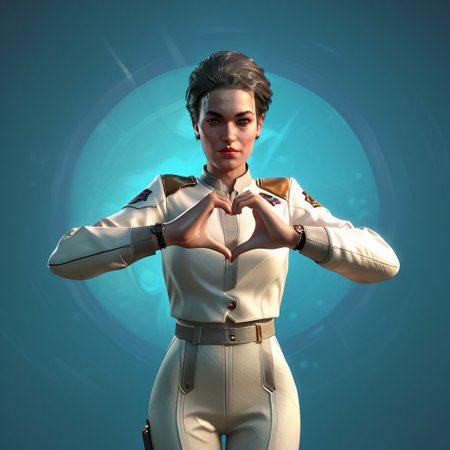 score_9_up, score_8_up, score_7_up, score_6_up, abstract,heart hands, solo, white pants, 1girl, heart, pants, black hair, short hair, uniform, belt, rosalind myers