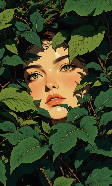 The image is a surreal and artistic portrayal of a woman's face emerging from a dense cluster of lush green foliage. The woman's eyes are closed, and her expression is serene and peaceful, suggesting a sense of tranquility and connection with nature. Her skin has a soft, almost ethereal quality, with subtle highlights that give it a gentle glow.
The camera appears to be positioned directly above the subject, looking down at her face as it blends seamlessly with the surrounding leaves. The lighting is soft and diffused, creating a dreamy atmosphere. The light seems to be coming from above, casting gentle shadows that enhance the texture of the leaves and the contours of the woman's face.
The background is filled with various types of leaves, ranging in size and shape, all rendered in rich shades of green. The leaves appear to be part of a tropical or jungle setting, adding to the overall sense of natural beauty and vitality. The leaves are detailed with intricate veins and edges, giving them a realistic and lifelike appearance.
The composition is centered on the woman's face, which is framed by the leaves. The lines of the leaves lead the viewer's eye towards the center of the image, drawing attention to the woman's serene expression. The use of color and texture creates a harmonious blend between the human and natural elements, resulting in a visually striking and emotionally evocative image. The overall effect is one of harmony and balance, capturing the essence of a deep connection with the natural world.
BREAK anime, d13s3lp2nk, bboil artist style, OBdonman, Anime art, <lora:FLUX\Anime Art V3:0.2>, <lora:FLUX\Synesthesia:0.2>, <lora:FLUX\RetroAnimeS1.1:0.5>, <lora:FLUX\Flux-jijia:0.1>, <lora:FLUX\It's a LoRA for portraits, BUT! actually specialized in backgrounds. v1.0:0.1>, <lora:FLUX\GLSHS:0.2>, <lora:FLUX\Dieselpunk Delight - s0_9 g4:0.4>, <lora:FLUX\OBdonman, anime0style portrait:0.1>