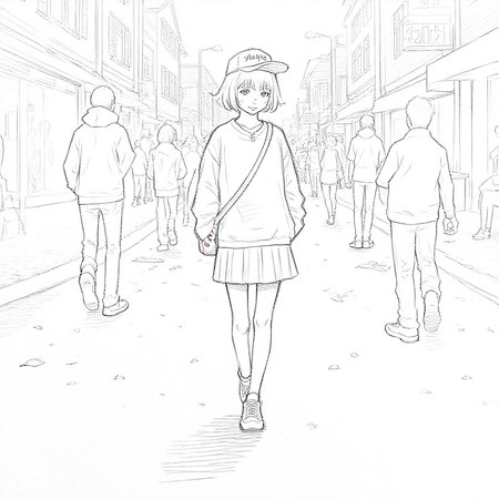 lineart, realistic,lineart drawing, black and white, of a 16 year old girl. she is standing,hands in pockets, shy smile, carrying a  single-shoulder bag,  crowded illuminated street,  cityscape,In autumn, wearing short pleated skirt, long-sleeved sweaters, comfy shoes, fashionable ,baseball cap with the words "love flux" written on it,redhead, short hair, green eyes, detailed face,beautiful face, smile,  necklace, red_nails,