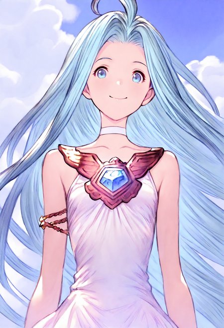 masterpiece, best quality, very aesthetic, absurdres, highly detailed, kyoto animation,
1girl, solo, upper body, smile, looking at viewer, floating hair, 
lyria \(granblue fantasy\), very long hair, blue hair, ahoge, white choker, bare shoulders, skinny, small breasts, white dress,
blue sky, cloud, 
<lora:Lyria_Granblue_Fantasy_Illustrious-XL:1>