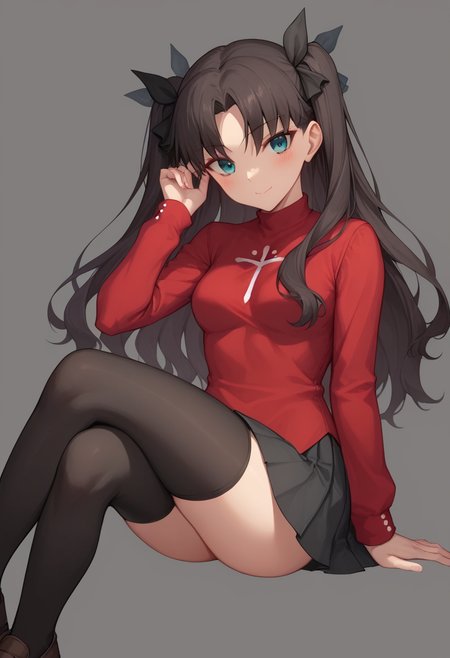 score_9,score_8_up,score_7_up,1,<lora:stay_night_all:1>,1girl, character: tohsaka_rin, solo, grey_background, simple_background, foot_out_of_frame, floating_hair, hand_up, looking_at_viewer, blush, smile, closed_mouth, aqua_eyes, eyes_visible_through_hair, eyelashes, black_hair, long_hair, playing_with_own_hair, very_long_hair, hair_ribbon, parted_bangs, two_side_up, medium_breasts, breasts, convenient_leg, crossed_legs, thighs, black_skirt, black_thighhighs, brown_footwear, pleated_skirt, red_shirt, shirt, shoes, skirt, thighhighs, black_ribbon, ribbon, zettai_ryouiki, absurdres, highres, anniversary, arm_at_side, copyright_name, cross_print, drop_shadow, miniskirt, tsurime, commentary