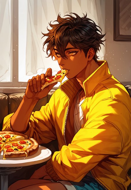 score_9, score_8_up, score_7_up, anime, best quality, 1male, short hair, black hair, brown hair, hair between eyes, golden eyes, bright eyes, brown skin, handsome, brown eyelashes, long eyelashes, Roman nose, toned,
,
, 
dynamic pose, character design, calm look, calm,
,
,
cowboy shot, indoors, restaurant, sitting, pizza, eating pizza, joy, happy, cheese strings, open jacket, jacket, loose-fitting T-shirt, shorts
