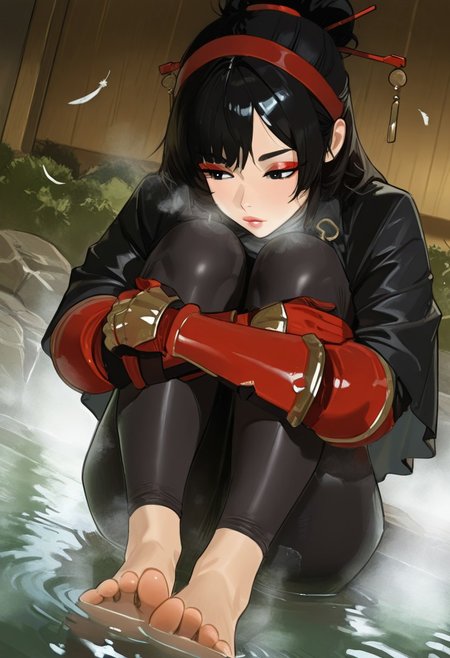 hintobento,  outdoors, undershirt, falling feathers, black bodysuit, hair stick, hugging knees, knees to chest, gauntlets, eyeshadow, red gloves, two sides up, black capelet, red hairband, black eyes, 1girl, solo, feet, visible breath, dynamic angle, foreshortening, smell, steam, onsen, water