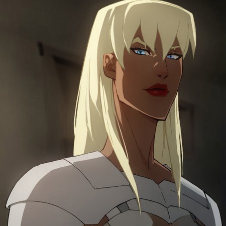 score_9, score_8_up, score_7_up, 1girl, solo, lipstick, blonde hair, long hair, blue eyes, breast, armor, pelvic curtain, Gilotina (dc), looking at viewer, indoors