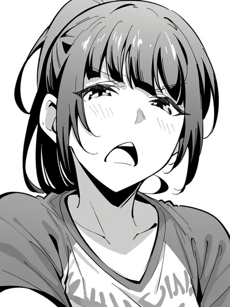 score_9, score_8_up, score_7_up,  
1girl, monochrome, black hair, ponytail, face, close-up, white background, t-shirt,


looking at viewer, frown, open mouth, narrowed eyes,
