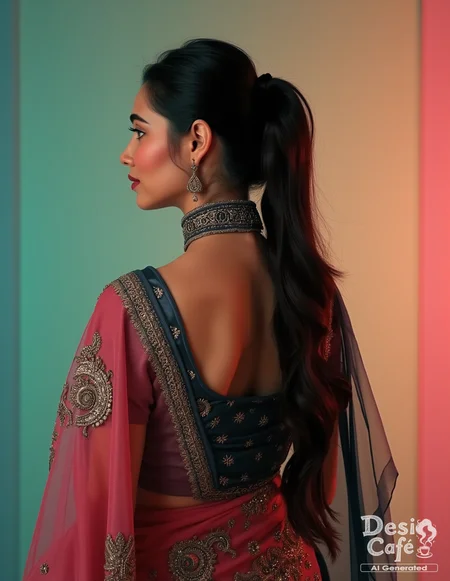 from behind,looking back photo of z4hr4h kh4n woman, hyper realistic photo that is safe for work,  studio quality image with natural colors, well dressed wearing intricate turtleneck Charcoal Saree, hair styled as  high ponytail,muted pastel shaded multicolored background that contrasts with the person, cinematic lighting,âââââ âââ <lora:z4hr4h_kh4n_Zahrah_Khan_Flux_Kohya_V1:1>âââ
