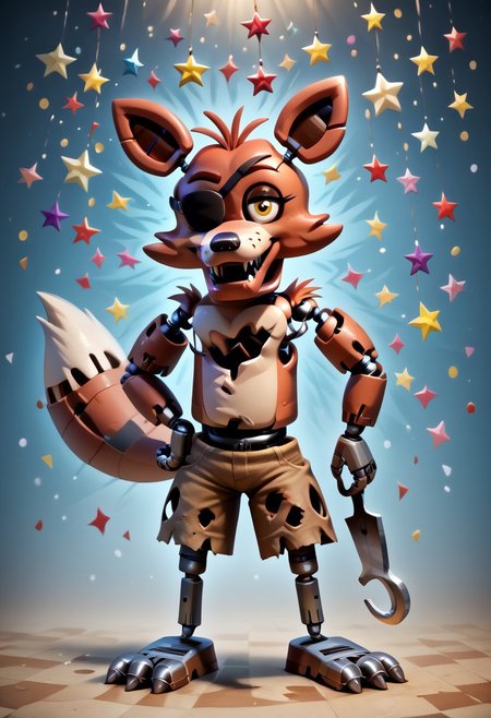 score_9, score_8_up, score_7_up, solo male, FoxyPirateFNAF1, yellow eyes, (hook, hook hand, hook for left hand:1.1), eyepatch on left eye, robot, withered animatronic, robot joints, animatronic, damaged body, red fur, brown shorts, torn clothing, chest tuft, head tuft, cheek tuft, shoulder tuft, metal legs, fox tail, fangs, biped, smirk, smug, grin, standing, bent legs, spread legs, full-length portrait, standing, cool, psychedelic background, star pattern, confetti, looking at viewer, 
BREAK
highly detailed, shading, highres, Masterpiece, perfect lighting, zPDXL3, detailed background