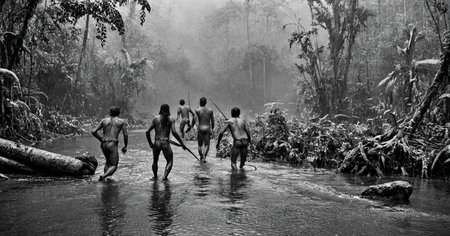 black and white photograph of few indigenous people hunting in the amazonian rain forest, insane details, dramatic lights, high definition, 35mm camera, film photography style, heavy grain, ral-chrosc-bw, masterpiece, national geographic style, strong vignette, high contrast