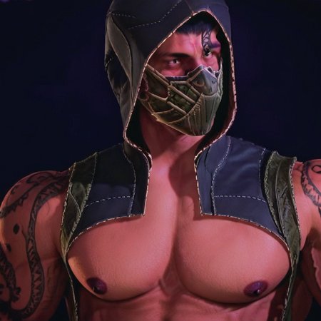 hood, nipples, mask, bara, black hair, muscular, male focus, realistic, portrait